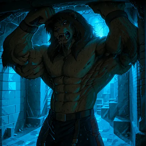 (masterpiece, ultra-detailed, cinematic lighting, 4K, high resolution, sharp focus, clean lines), full-body portrait of Galen Dhaelos — a tall, powerful, aesthetic anthro lion warrior with a thick dark brown mane and piercing dark brown eyes. His build is ...