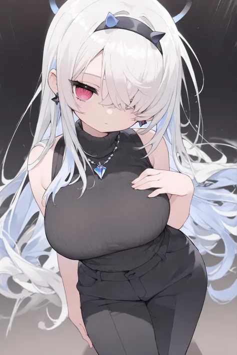 solo, beautiful, white luxury hall, (masterpiece:1.2), (best quality:1.2), perfect eyes, perfect face, perfect lighting, 1girl, light blue hair, long straight cut, hair covering one eye, black earrings, sleeveless sweater, black sleeveless sweater, suit pa...