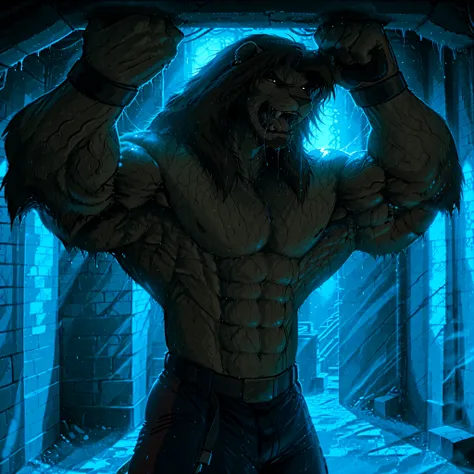 (masterpiece, ultra-detailed, cinematic lighting, 4K, high resolution, sharp focus, clean lines), full-body portrait of Galen Dhaelos — a tall, powerful, aesthetic anthro lion warrior with a thick dark brown mane and piercing dark brown eyes. His build is ...
