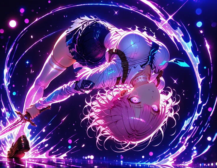 neon art, neon lineart, colorful neon lineart, neon silhouette, silhouette, neon colors, glowing, glow effect, bright outlines, vibrant colors, high contrast, dark background, digital art, extreme perspective、upside-down, backflip、Whole body expression, 1 ...