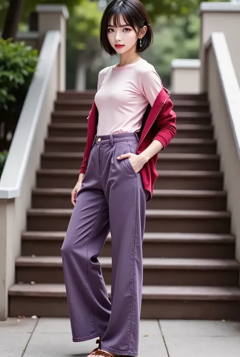 (Full Body 1.5), underpants:Deep purple、 denim 、wide, Tees:light pink、Half sleeve , shirt:numb、long sleeve、red 、put on、, In front of the stairs, short hair, long slant near the stairs, Foxy face