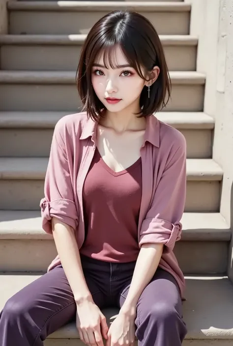 (Full Body 1.5), underpants:Deep purple、 denim 、wide, Tees:red bean、Half sleeve , shirt: with collar、numb、long sleeve、Pink 、put on、, In front of the stairs, short hair, long slant near the stairs, Foxy face, sandals