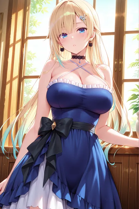solo,masterpiece,best quality, amazing quality, highres, absurdres, very aesthetic, high resolution, ultra detailed, perfect details,EmaDefault, long hair, hair ornament, cat earrings, choker, strapless layered dress, criss-cross halter,waist bow,,(masterp...