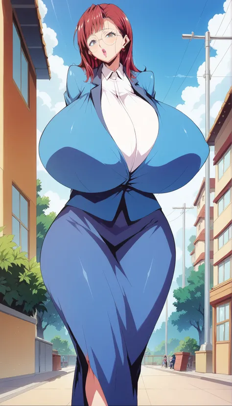 Mature woman, japanese woman with tanish skin tone, high cheekbones, middle-parted bob, sleek long hair, auburn hair, bangs, round glasses, big lips, glossy pink lips, tall, curvaceous, wide hips, massive breasts, huge ass, business suit with open cleavage...