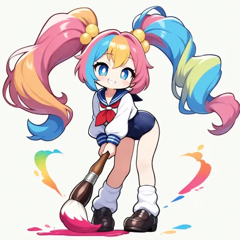 1 woman, Pretty beautiful girl, ((deform, word, wordスタイル, kawaii)), (woman holding a life-size brush, School girl, JK), Colorful Hair Color, super long twin tails, (Smile Yan, in the evening, Leaning against brush), deform, (sailor suit, cropped tops, SC...