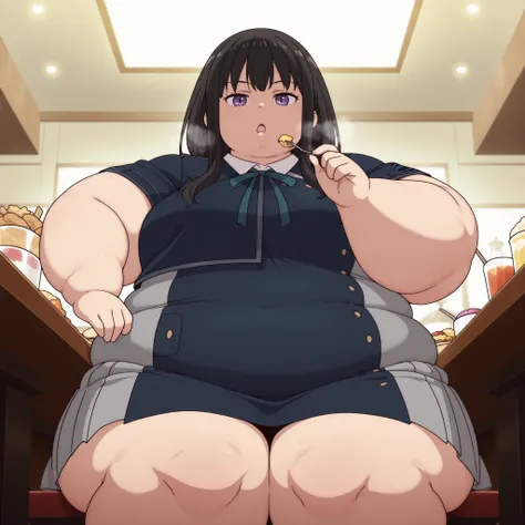 masterpiece, best quality, highres, newest, 1girl, solo, official style, anime screencap, takina, black hair, purple eyes, lycoris uniform, expressionless, , looking at viewer, cowboy shot, hand up, five fingers eating food, in front of tones of food, sit...