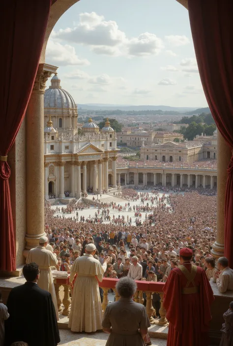 Vatican City with many people listening to the Pope's words.