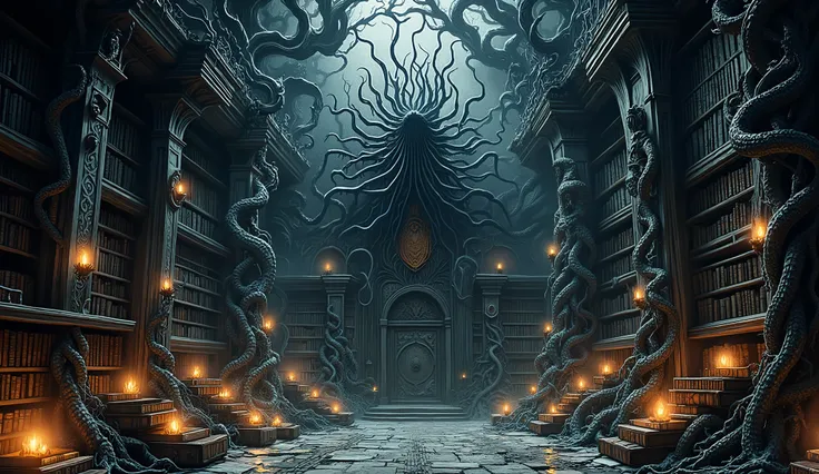 An Eldritch library, darkness, candlelight, bookcases covered in thorny vines and tentacles, surreal, Gothic aesthetic, high detail, masterpiece.