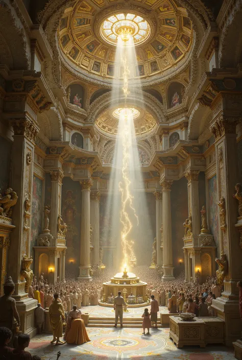 interior of a religious temple with walls painted with majestic Renaissance works and a beam of sacred light entering the place packed with worshippers, 8K, unreal engine.