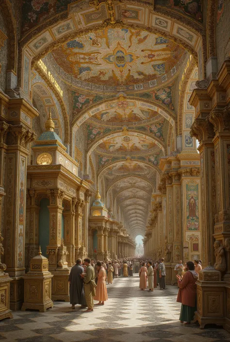 interior of a religious temple full of people, the walls are painted with works of art and the camera shows a corridor in the temple.