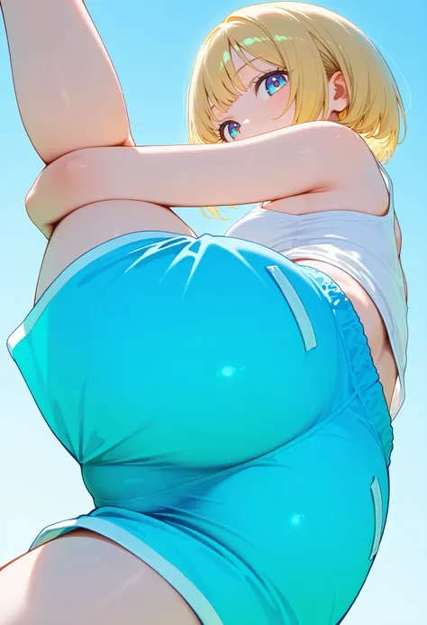 1 girl, blonde bob haircut, pastel light blue shorts, white tank top, lying down and holding legs, from below, from behind, looking at viewer