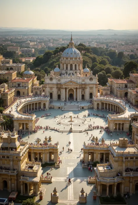 An aerial view showcases the grandeur of Vatican City with St. Peter's Basilica standing majestically at the center with many people, place crowded with people. The basilica's iconic dome dominates the skyline, bathed in the warm, golden light of a setting...