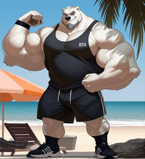 huge swole muscular polar bear in muscle beach, big Lou Ferrigno flex-like, grunts smirk, polar bear, huge thick white fur, thick arm, huge arm, thick neck, added thick gray mustache and beard, short gray hair, (veiny swole muscular, veiny pectoral, wide p...