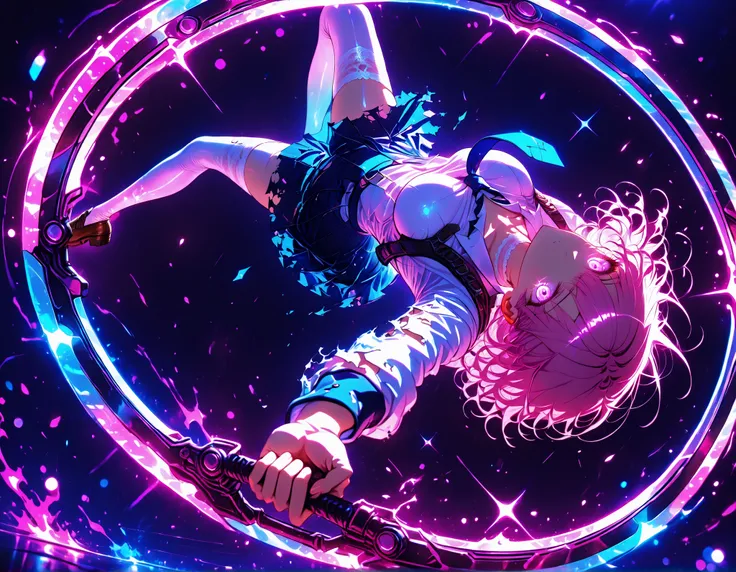 neon art, neon lineart, colorful neon lineart, neon silhouette, silhouette, neon colors, glowing, glow effect, bright outlines, vibrant colors, high contrast, dark background, digital art, extreme perspective、upside-down, backflip、Whole body expression, 1 ...