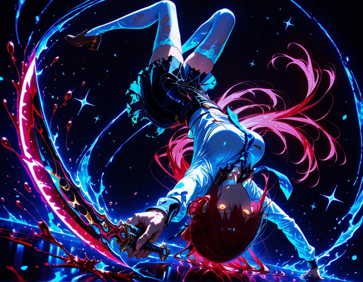 neon art, neon lineart, colorful neon lineart, neon silhouette, silhouette, neon colors, glowing, glow effect, bright outlines, vibrant colors, high contrast, dark background, digital art, extreme perspective、upside-down, backflip、Whole body expression, 1 ...