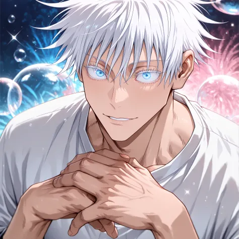 masterpiece, best quality, horizontal, upper body, 1man, adult, male focus, gojou satoru, jujutsu kaisen, white hair, short hair, ((hair between eyes)), colored eyelashes, white eyelashes, blue eyes, intricate eye iris, detailed eyes, muscular male, sexy m...