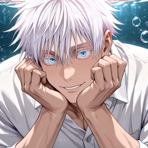 masterpiece, best quality, horizontal, upper body, 1man, adult, male focus, gojou satoru, jujutsu kaisen, white hair, short hair, ((hair between eyes)), colored eyelashes, white eyelashes, blue eyes, intricate eye iris, detailed eyes, muscular male, sexy m...