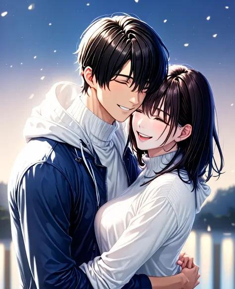 Couple's Hug ,  dark-haired young man"Asuka": white hoodie with blue jacket, Black-haired beauty"Haruna": white turtleneck sweater, ((background:Heartful pale light effect :1.8))