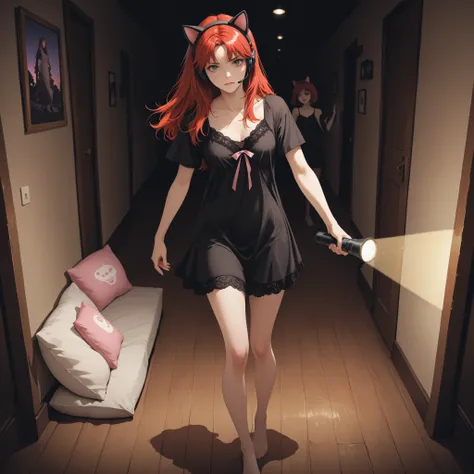 Masterpiece, detailed image, vivid colors, 4k, cinematographic photography, dynamic angle, 2girls, perfect human anatomy, a comical scene, (a beautiful woman\(nice curves, with long red hair and purple eyes, wearing a headset with cat ears, a black nightg...