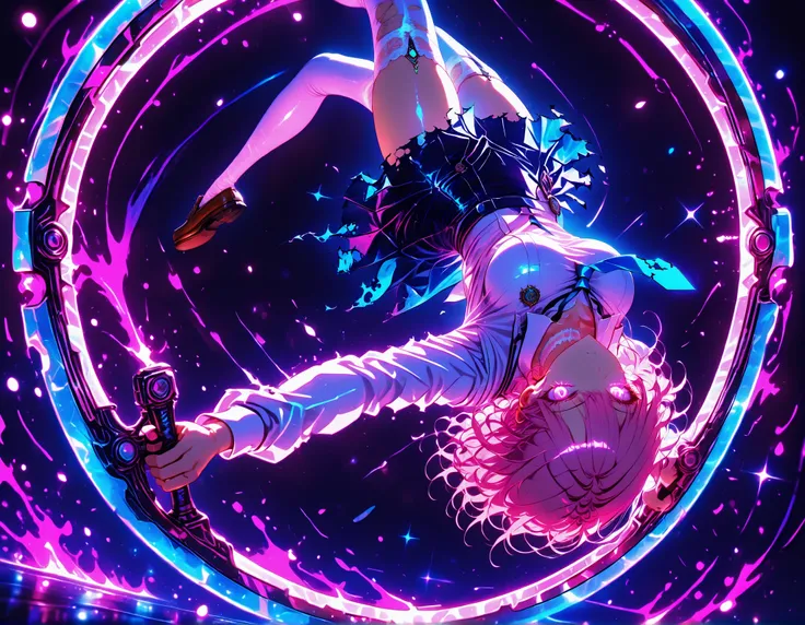 neon art, neon lineart, colorful neon lineart, neon silhouette, silhouette, neon colors, glowing, glow effect, bright outlines, vibrant colors, high contrast, dark background, digital art, extreme perspective、upside-down, backflip、Whole body expression, 1 ...