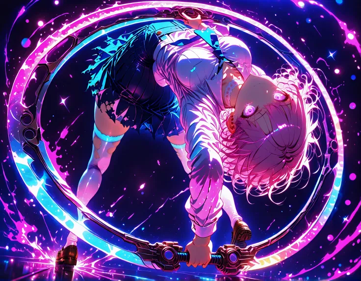 neon art, neon lineart, colorful neon lineart, neon silhouette, silhouette, neon colors, glowing, glow effect, bright outlines, vibrant colors, high contrast, dark background, digital art, extreme perspective、upside-down, backflip、Whole body expression, 1 ...