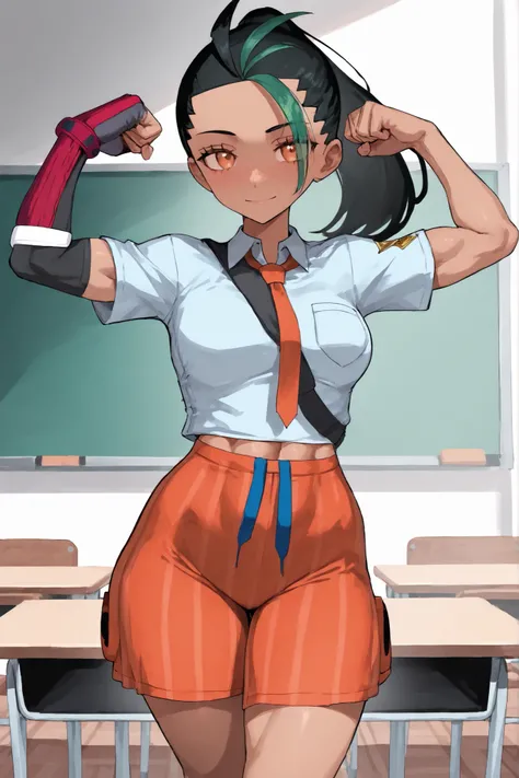 a women, alone, Nemona from Pokemon, tight body, tall, fit body, toned body, lean body, lean legs, tight hips, small hips, dressed with a school uniform, in a classroom, flexing one bicep, beautiful face, beautiful eyes, masterpiece, 8k, best quality