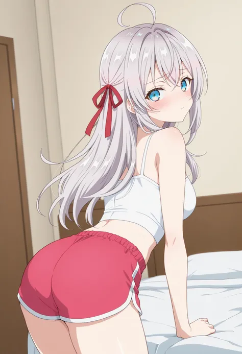 score_9, score_8_up, score_7_up, source_anime, 1girl, alya, grey hair, long hair, ahoge, hair ribbon, blue eyes, best quality, masterpiece, ultra-detailed, high quality, highres, pretty woman, beautiful, beautiful and perfect face ,white crop top,red dolph...