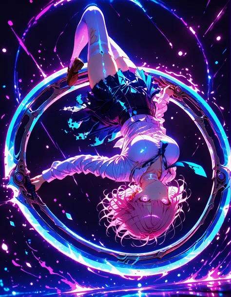 neon art, neon lineart, colorful neon lineart, neon silhouette, silhouette, neon colors, glowing, glow effect, bright outlines, vibrant colors, high contrast, dark background, digital art, extreme perspective、upside-down, backflip、Whole body expression, 1 ...