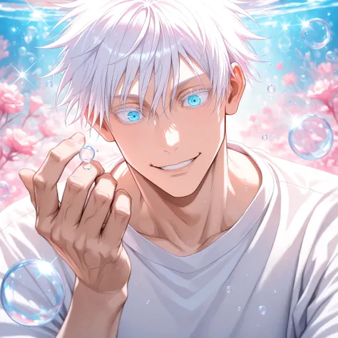 masterpiece, best quality, horizontal, upper body, 1man, adult, male focus, gojou satoru, jujutsu kaisen, white hair, short hair, ((hair between eyes)), colored eyelashes, white eyelashes, blue eyes, intricate eye iris, detailed eyes, muscular male, sexy m...
