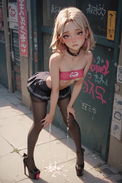 very very young slender petite little innocent blonde anime girl  with small size breasts dark black eye shadow and large hoop earrings wearing a neon pink tiny pleated cute micro skirt waist high very dark black pantyhose that go up to her waist wearing h...