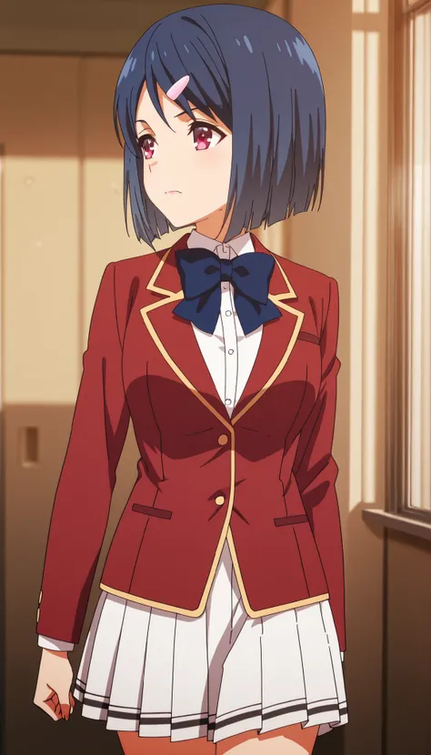  score_9,score_8, score_7_up,masterpiece,best quality ,solo,(blue hair:0.6),long hair,(tareme:0.7),(v-shaped eyebrows:0.3),anime coloring,red jacket,white shirt,blue bowtie,white skirt,pleated skirt,thigh ,cowboy shot ,from front,natural face ,glossy lips ...