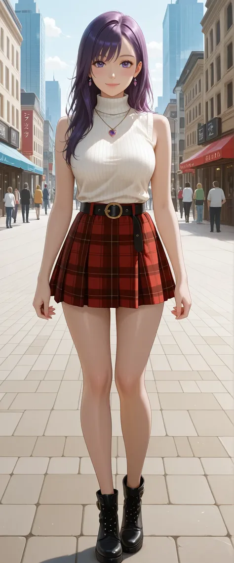 
full body shot , a woman with purple eyes and wearing a sleeveless turtleneck ,pendant and belt plaid mini kilt is staring at the camera, anime art style, realistic anime artstyle, a girl portrait, stunning anime face portrait, anime styled , anime realis...
