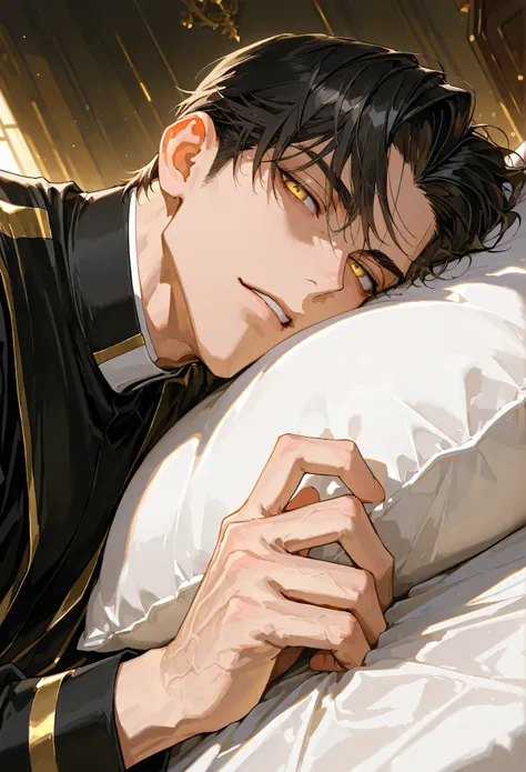 8k, beautiful masterpiece, close, Focus on face, 1 male, mature, 28 years old, handsome, manly face, Height 188, priest, Black hair, short hair, pomade hair, light skin, yellow eyes, Eyes half closed, gloomy expression, wearing clergy clothes, five fingers...