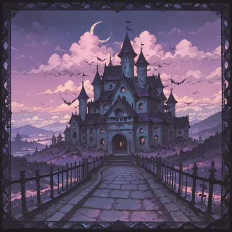 no people, background illustration, ((closeup)), atmospheric perspective, (lace border,) sharp lines, rounded shapes, ultra quality, HDR, 8k, kawaii, amazing composition, cel shading, creepy town, (((ghosts))), bats, stylized stars, crescent, swirly clouds...