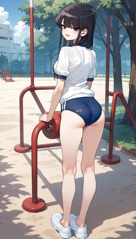 score_9, score_8_up, score_7_up,anime coloring,ultra-detailed,official art,best quality,good quality,BREAK,1girl,solo,komi_shouko, black eyes, black hair, long hair,BREAK,Japanese gym uniform,navy blue buruma,BREAK,small smile,standing,BREAK,outdoor,school...