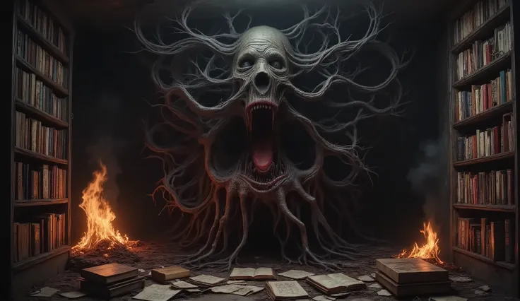 An Eldritch library, darkness, candlelight, bookcases covered in thorny vines and tentacles, surreal, Gothic aesthetic, high detail, masterpiece.