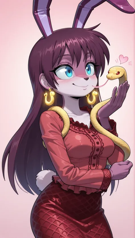 Score_9, Score_8_up, Score_7_up, 1, alone, masterpiece, top quality, amazing quality, very aesthetic, absurd, furry font, ((purple bunny girl)) Mobian, dark purple hair, long hair, blue eyes, bunny ears, bunny tail, medium breasts, purple fur, happy smile,...