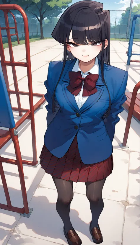 score_9, score_8_up, score_7_up,anime coloring,ultra-detailed,official art,best quality,good quality,BREAK,1girl,solo,komi_shouko, 18yo,black eyes, black hair, long hair,BREAK,school uniform, red bowtie, blue jacket, blazer, long sleeves, striped, pleated ...