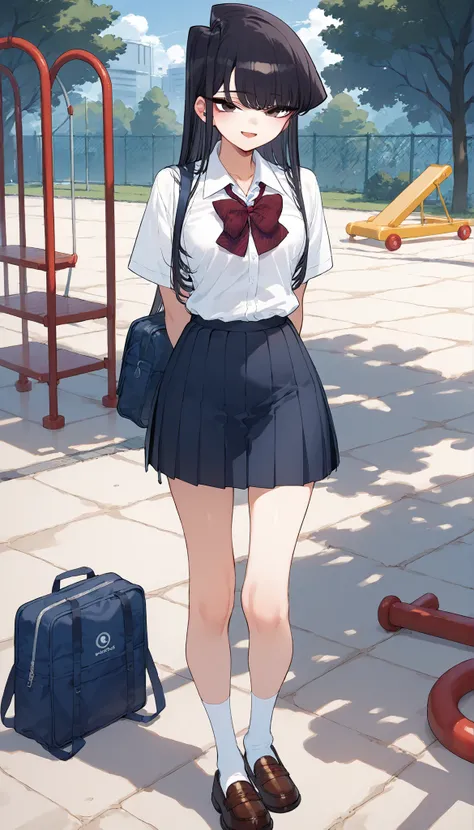 score_9, score_8_up, score_7_up,anime coloring,ultra-detailed,official art,best quality,good quality,BREAK,1girl,solo,komi_shouko, 18yo,black eyes, black hair, long hair,BREAK,school uniform,BREAK,small smile,standing,BREAK,outdoor,school playground,full b...