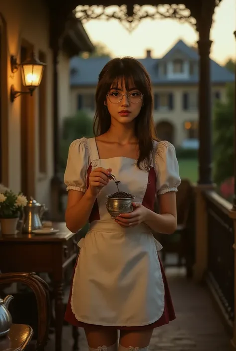 ((top quality、masterpiece、high sensitivity、high resolution、detailed depiction、Delicate facial depiction、Ｆvalue：6.0),((Slender Woman、wearing glasses)),(Maid Outfit、apron skirt、high socks with ribbons),advanced digital art on the veranda at dusk、I'm a maid serving a family living in a noble mansion、I ground coffee beans and steam is coming out of the、kettle、coffee maker in an antique store、