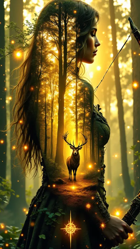 dblxpsr,Complex double exposure of high quality, double exposure huntress-goddess art. She stands with back turned in mid-draw pose, body twisted in archer's stance, left arm stretched holding glowing bow, right hand pulling luminous string, hair flowing l...