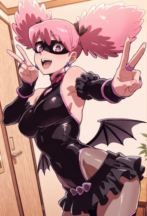 masterpiece, best quality, amazing quality, aesthetic, absurdres, best quality, Kazuho, 1girl, pink hair, solo, wings, earrings, jewelry, mask, twintails, leotard, skirt, pink eyes, bridal gauntlets, gloves, upscale, indoors, pose, foreshortening, v, open ...