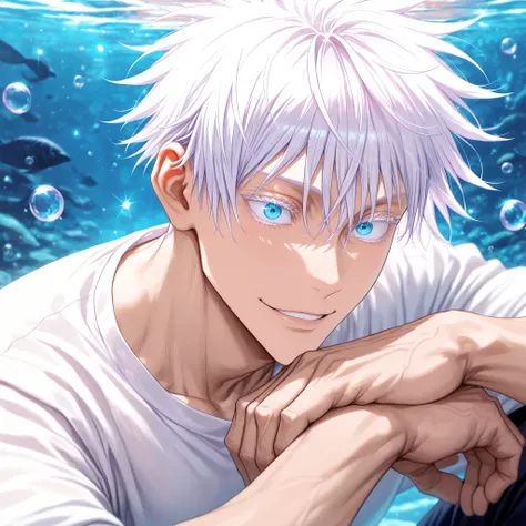 masterpiece, best quality, horizontal, upper body, 1man, adult, male focus, gojou satoru, jujutsu kaisen, white hair, short hair, ((hair between eyes)), colored eyelashes, white eyelashes, blue eyes, intricate eye iris, detailed eyes, muscular male, sexy m...