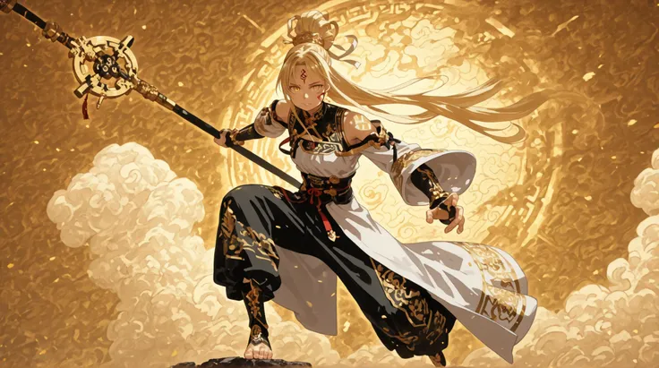 A beautiful anime-style illustration of a relaxed anthropomorphic monkey, in soft gold and white tones. The character has golden hair that is similar in design to Alice Zuberg's hair from Sword Art Online. He has a confident and mischievous expression, and...