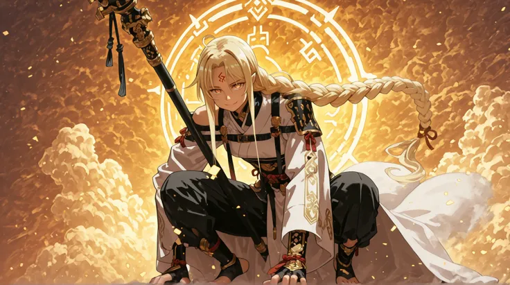 A young male character who has a short height equivalent to 1.5 metros. He has long blond hair with the same design as Alice Zuberg's hair from Sword Art Online that is tied in a long braid that almost touches the ground, the braid is very bulky. He has br...