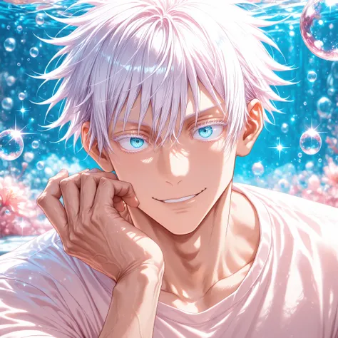 masterpiece, best quality, horizontal, upper body, 1man, adult, male focus, gojou satoru, jujutsu kaisen, white hair, short hair, ((hair between eyes)), colored eyelashes, white eyelashes, blue eyes, intricate eye iris, detailed eyes, muscular male, sexy m...