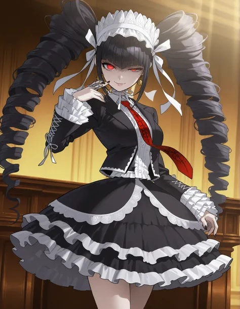 anime screencap, masterpiece, best quality, amazing quality, very aesthetic, absurdres, newest, (scenery, volumetric lighting), celestia ludenberg, 1girl, solo, long hair, half-closed eye, evil smile, bangs, lips, white shirt, black hair, red eyes, long sl...