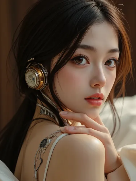cute Japanese female android, exposed mechanical parts, kind expression, Lover-like atmosphere, on the bed, Warm indoor lighting, delicate texture, Advanced Technology, 4K high definition, Realistic, Superb Details, HDR, UHD, Studio Lighting, delicate oil ...