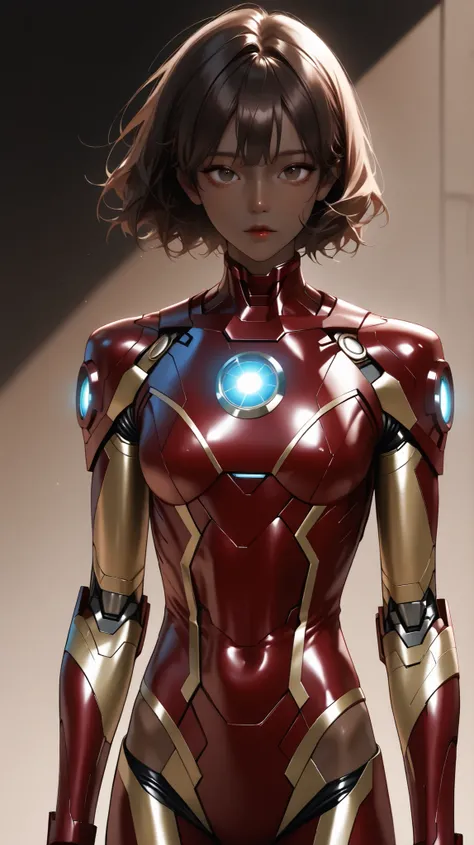 very aesthetic, 걸작, 고해상도, 8k 해상도, high contrast, (semi-realistic), newest, koreanai, RP-Illu, best_quality, finely_detailed_eyes_and_detailed_face, (1 girl, bishoujo), solo,(dark_skin:1.4),1r0nm3n, Ironman_suit, cowboy_shot, (skinny_face), brown_eyes, expr...