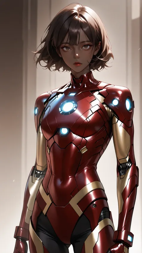 very aesthetic, 걸작, 고해상도, 8k 해상도, high contrast, (semi-realistic), newest, koreanai, RP-Illu, best_quality, finely_detailed_eyes_and_detailed_face, (1 girl, bishoujo), solo,(dark_skin:1.4),1r0nm3n, Ironman_suit, cowboy_shot, (skinny_face), brown_eyes, expr...